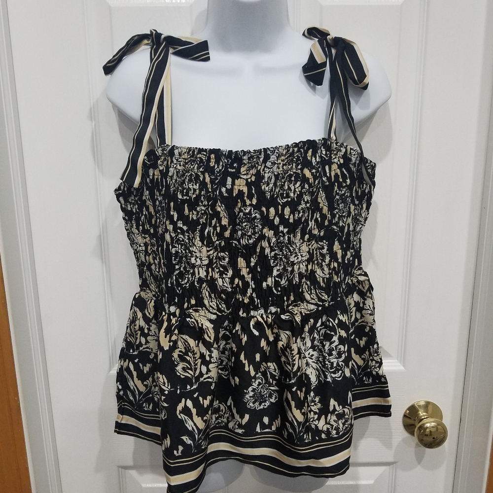 Maurices Black and Gold Smocked Camisole with Tie Front